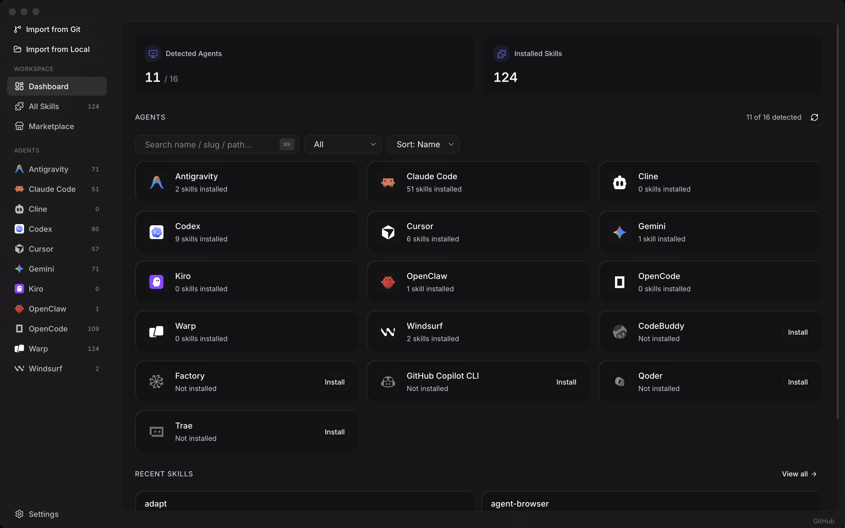 Skiller app: Dashboard with detected agents and installed skills