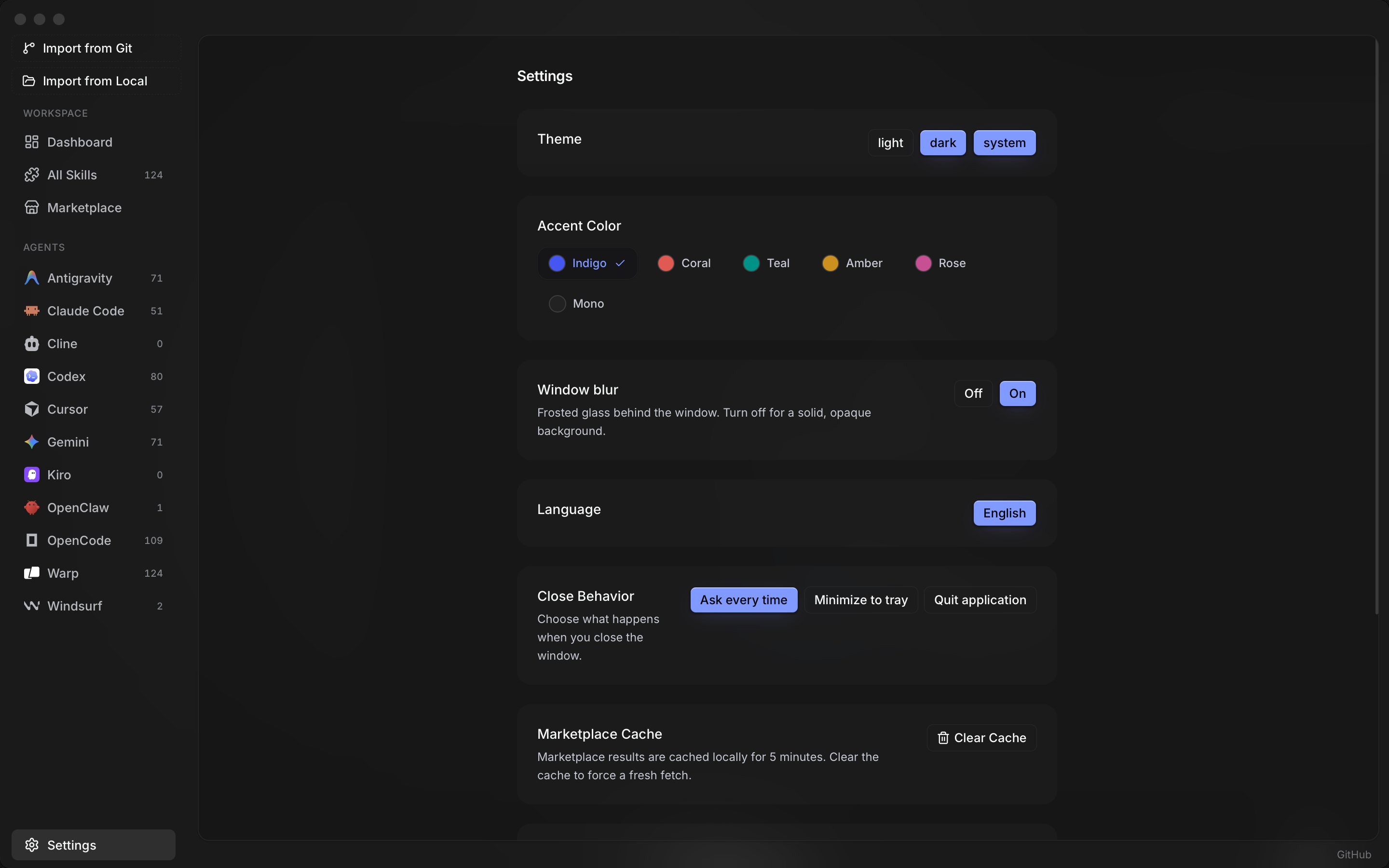 Skiller Settings: theme, updates, and preferences