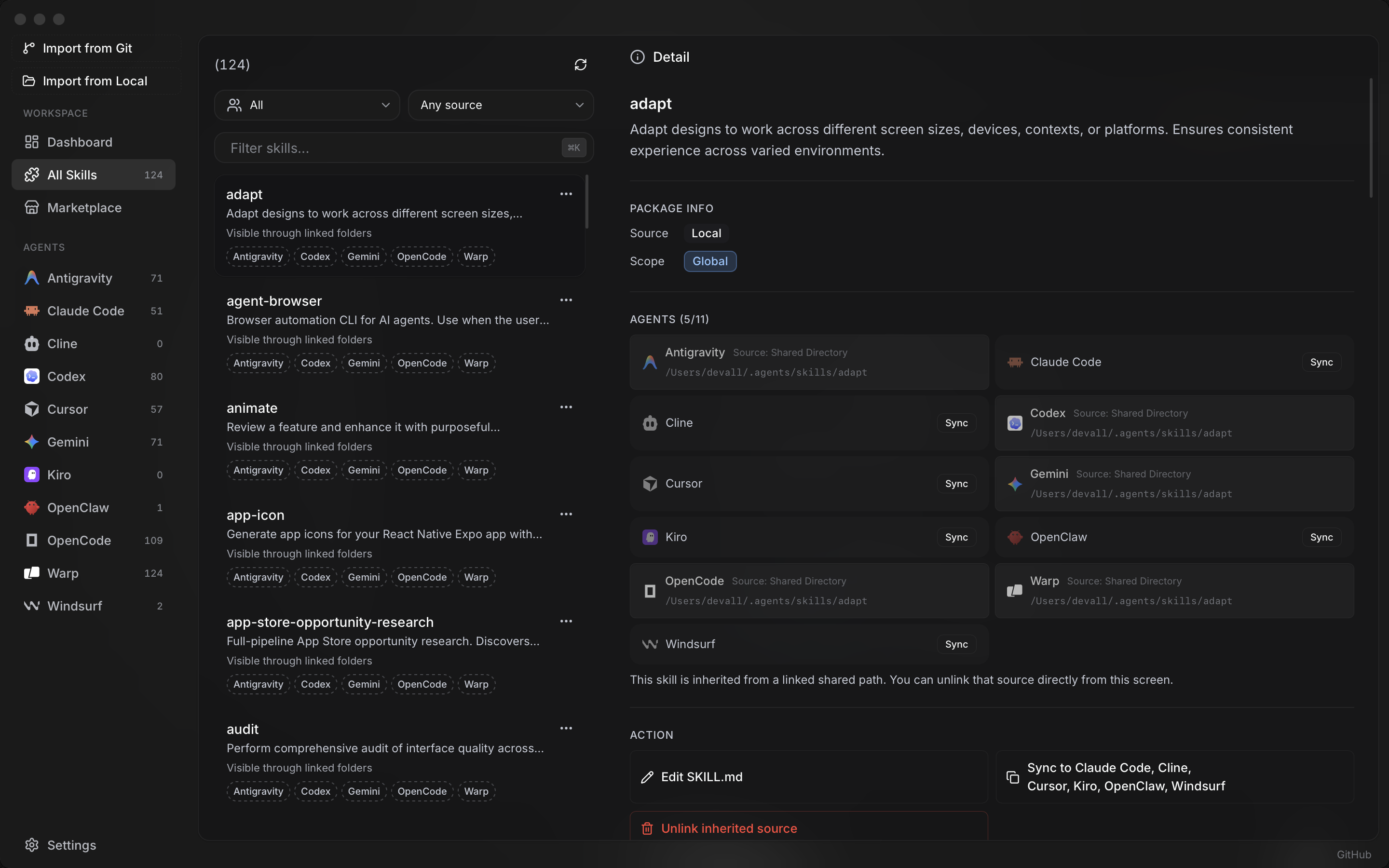 Skiller Skills Manager: skill list, agents, and markdown editor